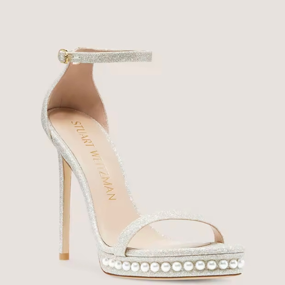 Stuart Weitzman NUDISTDISCO PEARL PLATFORM SANDAL in Platino Gold Size 7